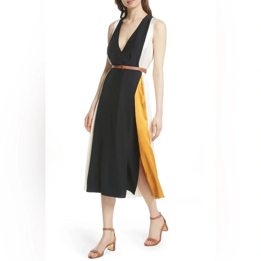 NWT $798 Tory Burch Black Clarice Colorblock Wrap Silk Dress